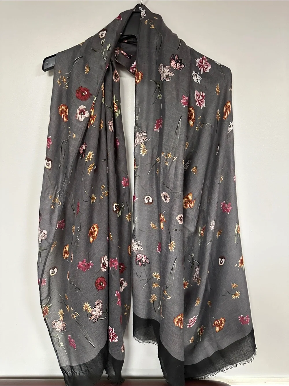 Gray Botanical Print Scattered Wildflowers Long Boho Scarf
